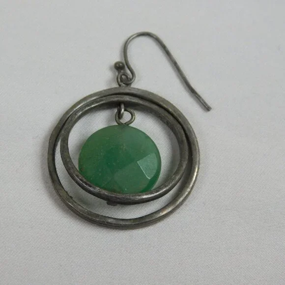Silver Tone Double Ring Green Bead Dangle Fashion Earrings 1" Diameter Round - Picture 6 of 9